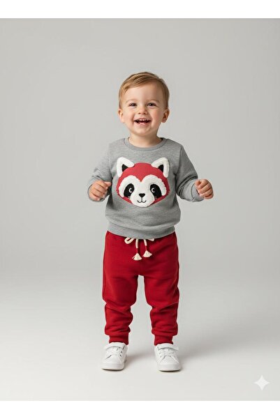 KOÇAR BEBEK طقم شتوي من قطعتين للأولاد مطرز بتصميم الثعلب بثلاثة خيوط