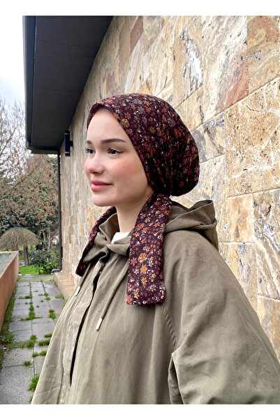 Anatolye Bordo Çiçek Desen Tülbent Eşarp Bone