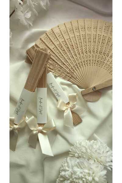 ByDeryaEvent Hediyelik Ahşap Yelpaze 10 Adet Krem Kurdele Nişan Nikah Düğün H...