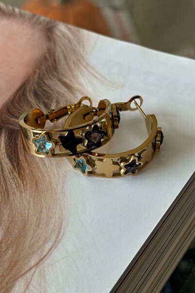 Trendy Butik أقراط دائرية على شكل نجمة ملونة من الفولاذ