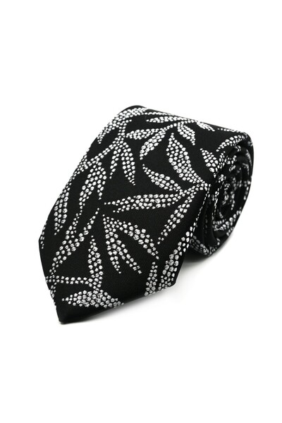 Sade Kravat Black and White Leaf Patterned Tie 32874 Black
