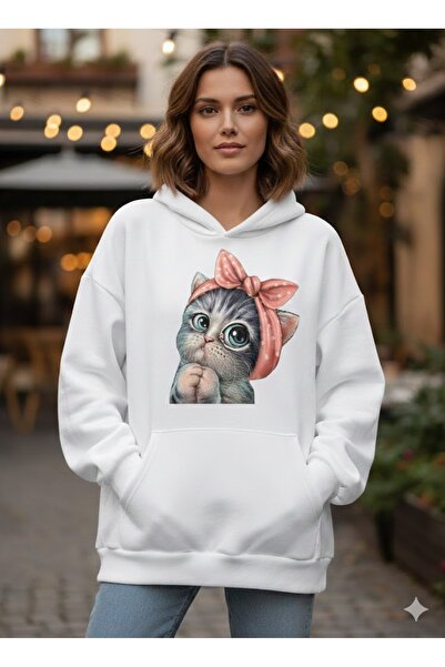 PENTHİLUS Cute Cat Print Oversized Hooded Sweatshirt - Oversized Hoodie