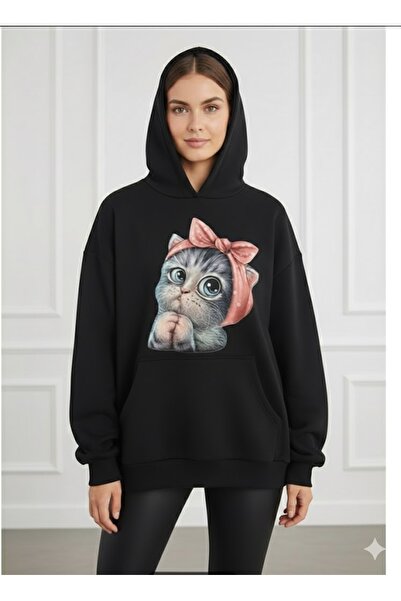 PENTHİLUS Cute Cat Print Oversized Hooded Sweatshirt - Oversized Hoodie