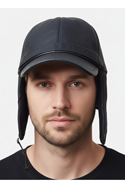 balkonda Pălărie din piele naturală cu urechi, neagră, unisex