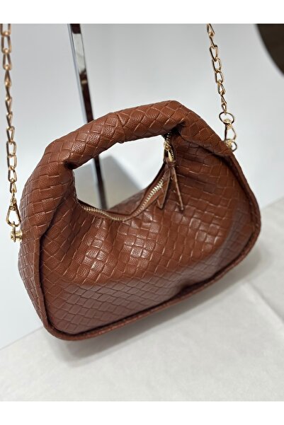 FirstRoseStore Kadın Mini Clutch Bombelli Zincirli El Çantası Taba