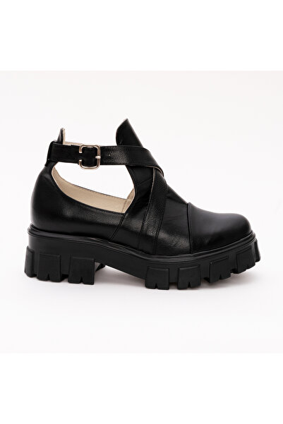 VAGAM Black Cut-Out Genuine Leather Shoes