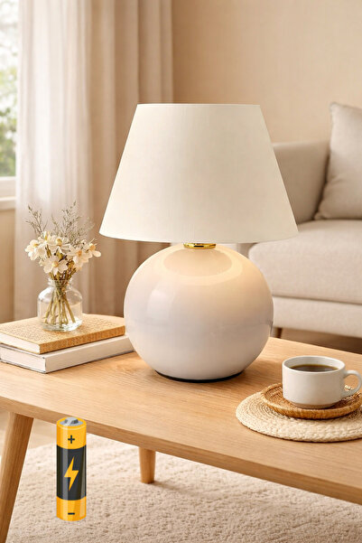 burenze Angela Krem Kumaş Başlıklı Kablosuz Pilli Abajur Aç Kapa Butonlu Ledl...