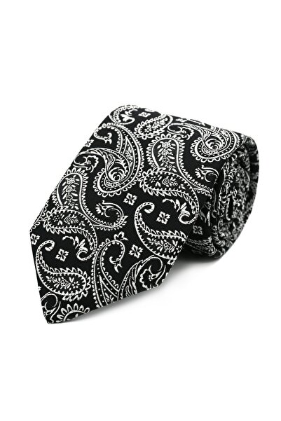 Sade Kravat Siyah Beyaz Şal Desenli Özel Dokuma Kravat 32880 Siyah
