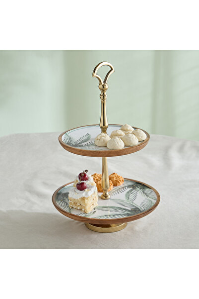 Home Box Palm Leaf 2-Tier Wooden Platter - 26.5x26.5x35.5 cm