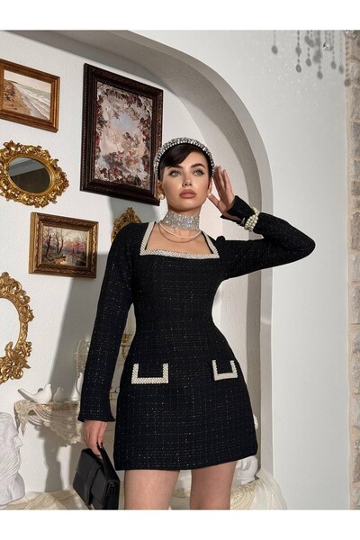 Julidress Rochie din tweed cu design premium, cu guler pătrat și detalii perlate