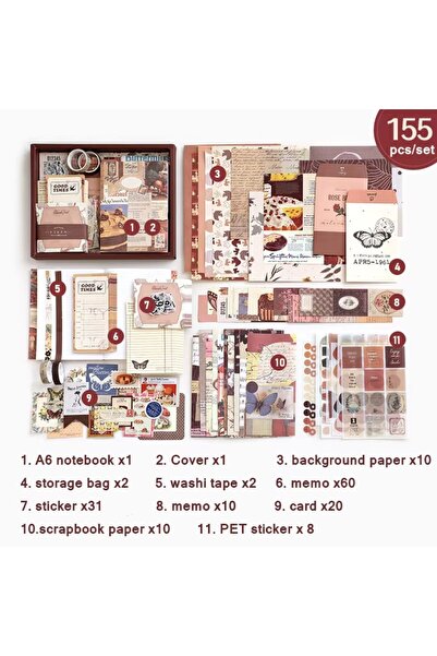 Vox Art Vintage Journal Defter Hediye Seti, 125 Parça Scrapbook Set (Coffee s...