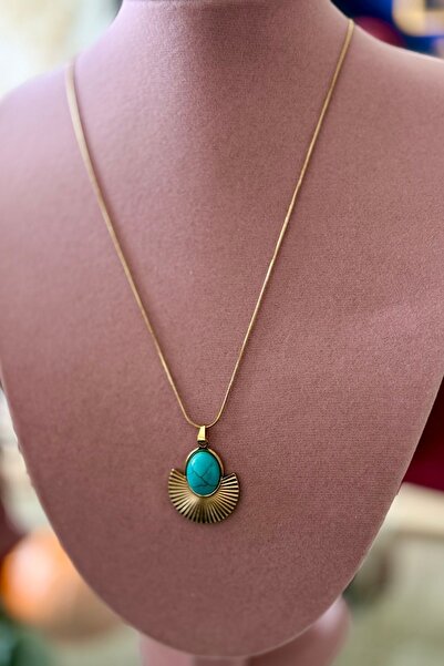 Trendy Butik قلادة على شكل مروحة من الفولاذ والفيروز