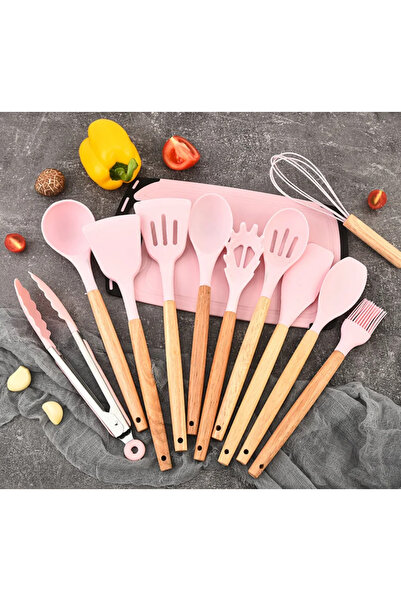 EVİMA Bamboo Handle Heat Resistant Fireproof Non-Stick 12 Piece Luxury Silico...