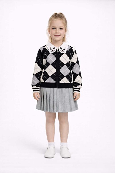 lumia Kız Çocuk Desenli Triko Hırka Gömlek ve Piliseli Etek Takımı 3 Lü