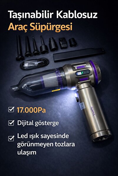 m memita Kablosuz araç içi üfleme çekme süpürgesi 17,000pa güçlü vakum dijita...