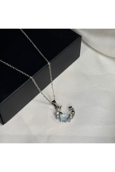 lunesa Opal Taşlı Ay Yıldız Çelik Kadın Kolye - Kararma Yapmaz 45 Cm