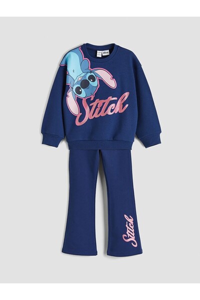 LC Waikiki Lcw Kids Navy Blue Stitch Printed Girls' Sweatshirt and Flared Leg...