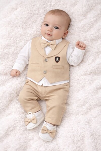 Superbaby Set bej Babylia Tuxedo elegant pentru baieti, costum complet cu ves...