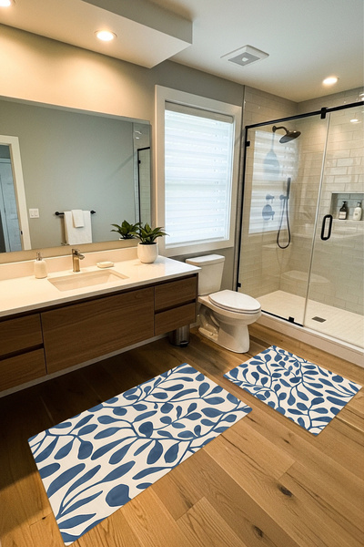 Etnik Dekor Navy Blue Leafy Floral Branch Pattern, 2-Piece Digital Print, Non...