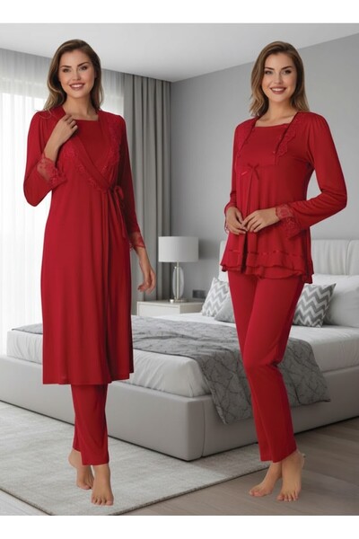 Lohusa Homewear Women's Fuchsia Elegant Lace Detailed Buttoned Long Sleeve Ma...