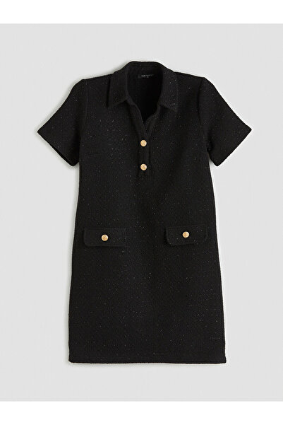 LC Waikiki Siyah Gömlek Yaka Tüvit Mini Elbise