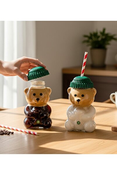 lstri Set of 2 Barista Glass Cold Drink Cups with Teddy Bear and Green Hat, G...