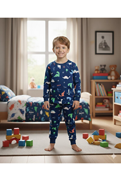 İsobel IDEAL SEPET-YENİ SEZON طقم بيجامة رجالي من قماش إنترلوك بنقشة الديناصو...