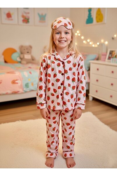 Enie طقم بيجامة بناتي بأكمام طويلة من القطن 100% بنقشة الفراولة + غطاء للعين