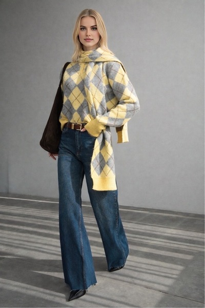 LOOSH Kadın Sarı Baklava Desenli Atkı Detaylı Kazak