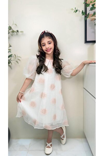 gmax Girls' dress, pearl-like design with circular patterns and a pearl collar