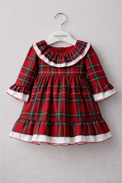 Superbaby MyMio girls' dress in red plaid, elegant model with ruffles and dec...