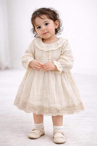 Mini Love Kids Kız Bebek Müslin Elbise Dantel Detaylı Uzun Kollu
