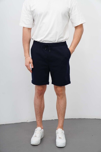 DI LORIA شورت رجالي من الليكرا باللون الأزرق الداكن مع جيوب وساقين مزدوجتين