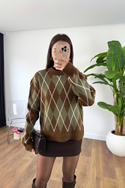 POİNE Knitwear Baklava Patterned Women's Oversize Sweater