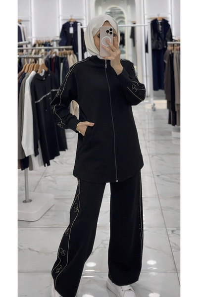 Camelya Fashion Yan Şerit Taş Detayliı Pamuklu Causal Outdoor Eşofman Takımı