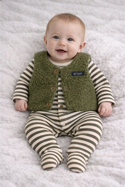 Superbaby Salopeta bebe cu dungi maro si vesta pufoasa ByMurat