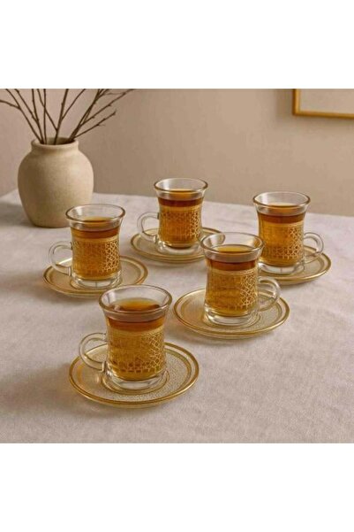 Generic Decorative Glass Tea Cups Set with Serving Plates - 6 Pieces