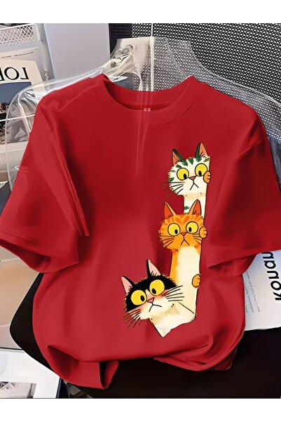 oneagılyazı Kadın Modası Baskılı Kısa Kollu Tişört, Üç Sevimli Çizgi Film Kedi