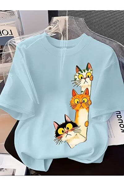 oneagılyazı Kadın Modası Baskılı Kısa Kollu Tişört, Üç Sevimli Çizgi Film Kedi