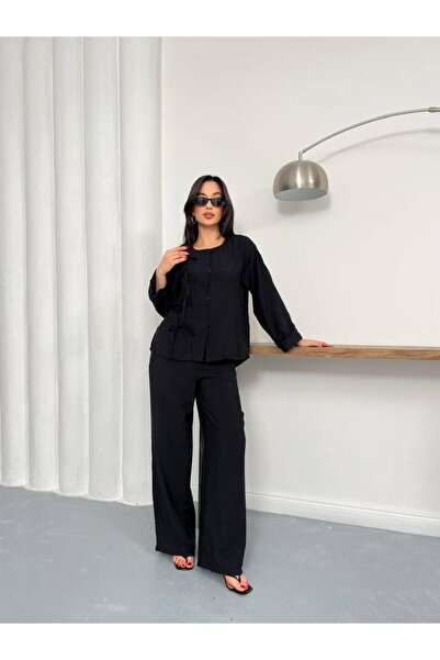 Lovely butik Women's Bow Detail Tie-Up Linen Look Viscose Two-Piece Set