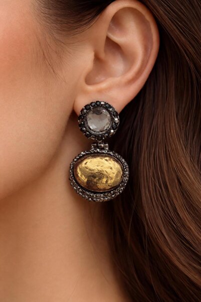 KARE ACCESORIES Antik Gold & Siyah Taş Detaylı Sallantılı Küpe