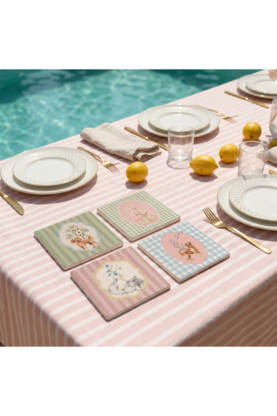 arslart Vintage Gingham Cat and Dog Patterned Natural Stone Coasters, Tablewa...