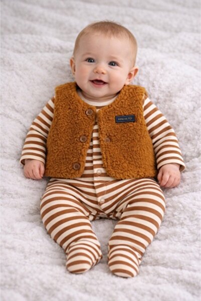 Superbaby Μπρεζέ με καφέ ρίγες και αφράτο γιλέκο ByMurat