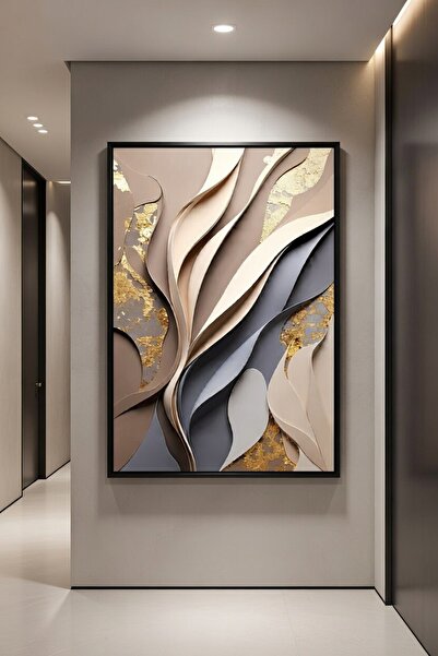 hollywest Lüks Bej & Altın Soyut Duvar Sanatı | Modern Çerçeveli Tablo