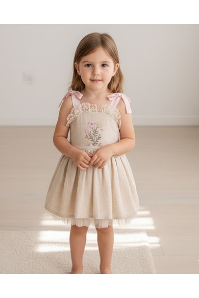 Cumino Rochie de in pentru fete, cu detaliu de legare la umăr și broderie flo...