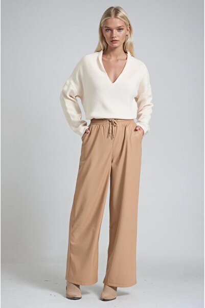 Lijuri Elastic Waist Lace-Up Faux Leather Wide Leg Trousers 0113