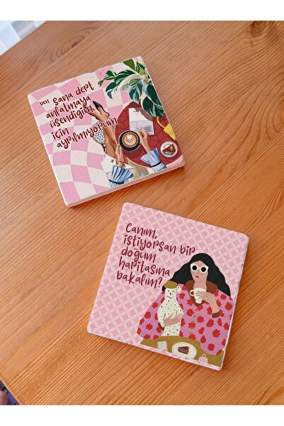 arslart Girl's Joy Illustrated 2-Piece Natural Stone Coasters, Tableware Pres...