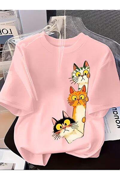 oneagılyazı تي شيرت نسائي بأكمام قصيرة مطبوع عليه ثلاثة قطط كرتونية لطيفة