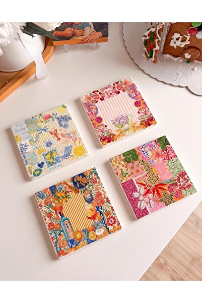 arslart Mediterranean Collage and Citrus Patterned Natural Stone Coasters, Ta...