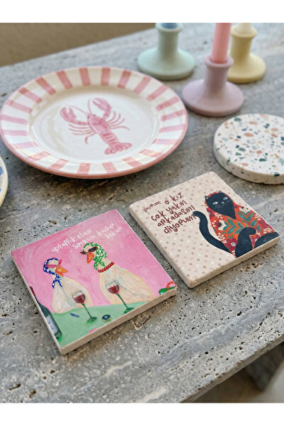 arslart 2-Piece Natural Stone Coasters with Ducks and Cat Illustrations, Tabl...
